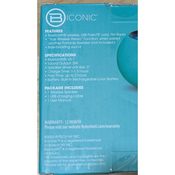 B Iconic Portable Bluetooth Speaker Teal TWS LED Light 5W Wireless New Boxed - Picture 8 of 8